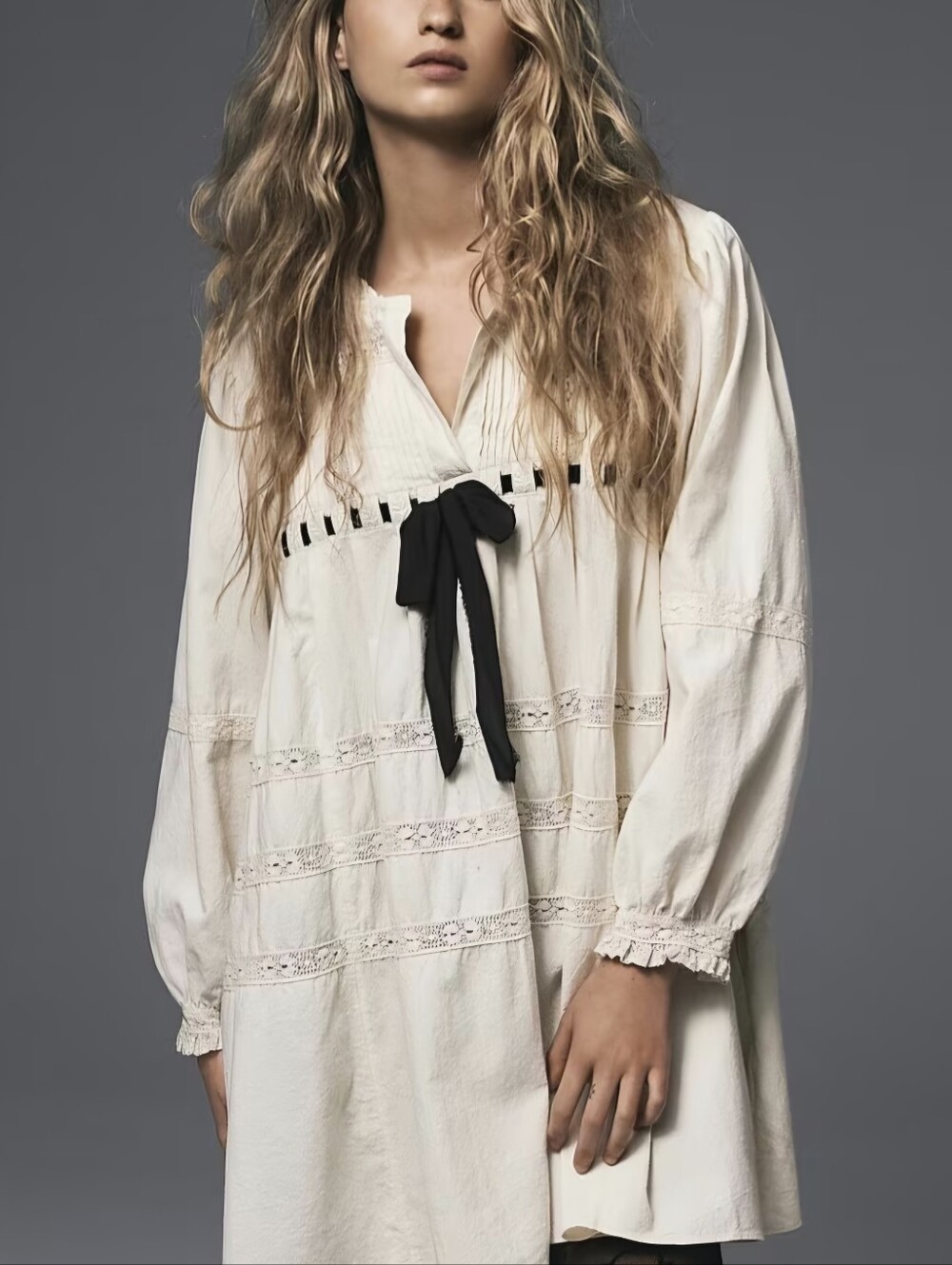 Women'S Mini Dress, Vintage Long Sleeve Tie-Up Patchwork Casual Dress Loose